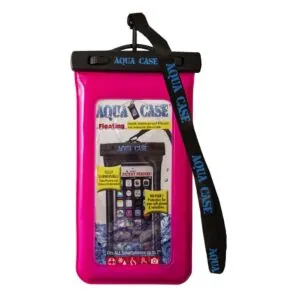 Pink waterproof smartphone pouch with strap.