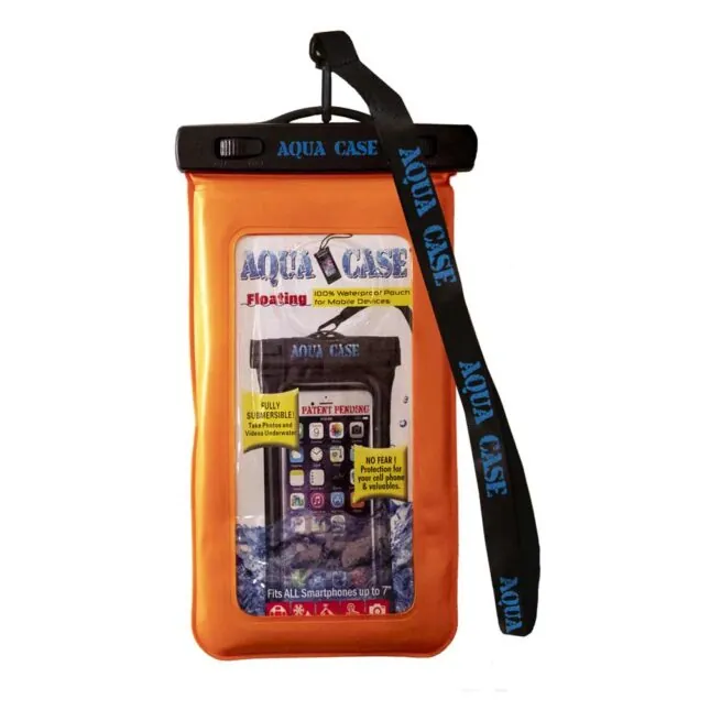 Orange waterproof smartphone case with strap.