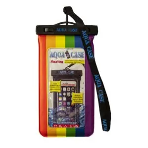 Rainbow-colored waterproof smartphone pouch hanging on white.