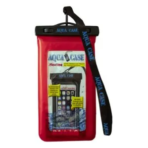 Red waterproof smartphone pouch with strap on white background.