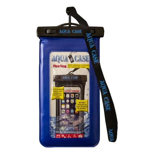 Blue waterproof smartphone pouch with strap, floating feature
