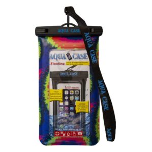 Colorful waterproof smartphone pouch on white background.