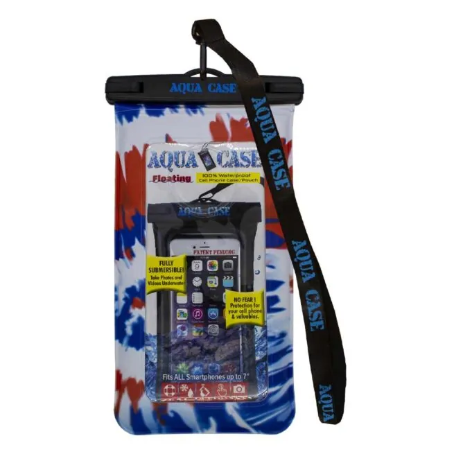 Waterproof floating smartphone case with strap and colorful design.