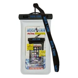 Waterproof floating mobile device case on white background.