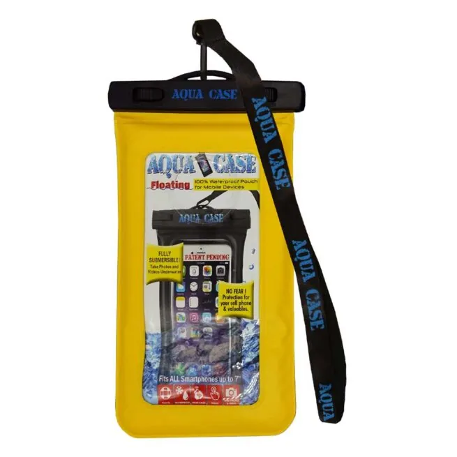 Yellow waterproof smartphone pouch with strap.