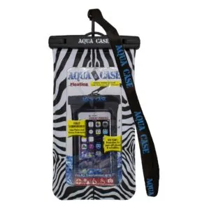 Waterproof smartphone pouch with zebra-striped design.