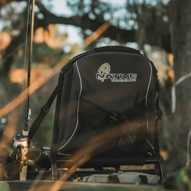 Native Watercraft fishing backpack in a natural outdoor setting. Available at Riverbound Sports in Tempe, Arizona.