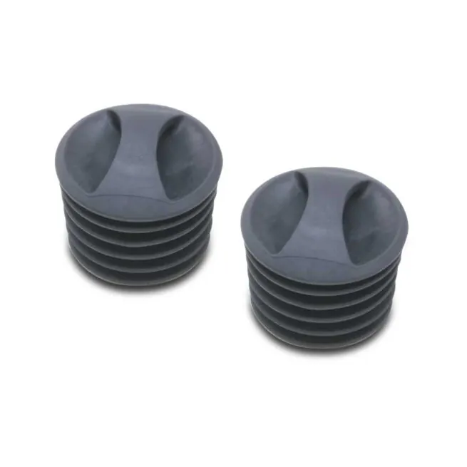 Two black Native Watercraft Scupper plugs. Available at Riverbound Sports in Tempe, Arizona.