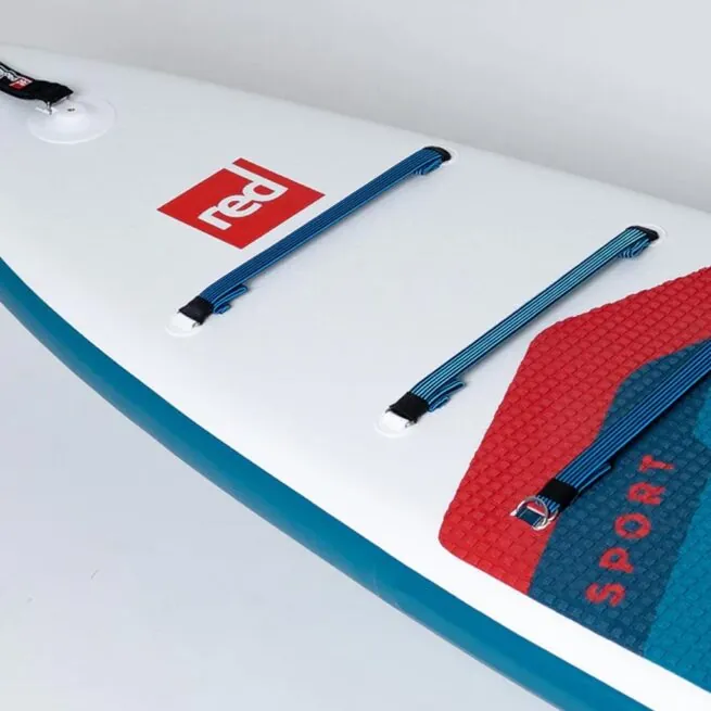 Red paddle board with blue bungee cords and logo. Available at Riverbound Sports in Tempe, Arizona.