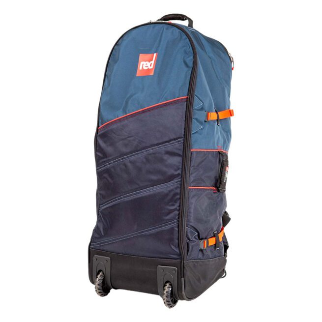 Red Paddle Co ATP Navy blue rolling travel backpack with orange accents.