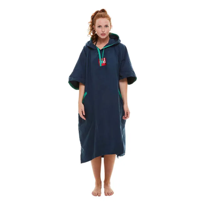 Woman modeling navy blue Red Paddle Co hooded quick dry changing robe with red accents front view. Available at Riverbound Sports in Tempe, Arizona.