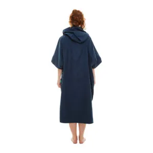 Woman modeling navy blue Red Paddle Co hooded quick dry changing robe with red accents back view. Available at Riverbound Sports in Tempe, Arizona.