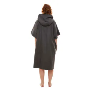 Woman modeling gray Red Paddle Co hooded quick dry changing robe with red accents back view. Available at Riverbound Sports in Tempe, Arizona.