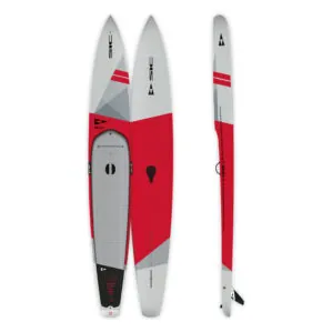 Red and gray SIC Maui RST 14'0" X 24.5" stand-up paddleboards, top and side views. Available at Riverbound Sports in Tempe, Arizona.