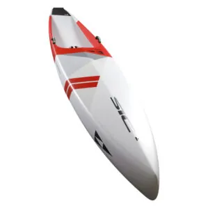 Red and white racing SIC Maui RST Paddleboard. Available at Riverbound Sports in Tempe, Arizona.