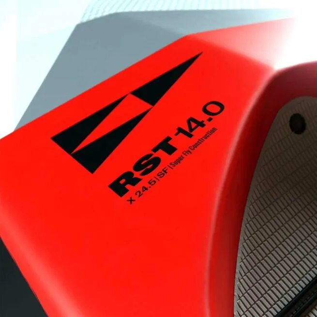 Close-up of red RST-140 SIC Maui race board. Available at Riverbound Sports in Tempe, Arizona.