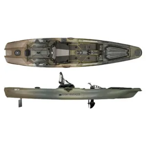 Bonafide P127 pedal drive fishing kayak in camo color in split view. Available at Riverbound Sports in Tempe, Arizona.