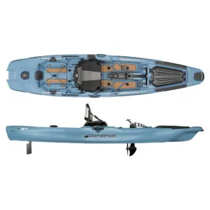 Bonafide P127 pedal drive fishing kayak in steel blue color in split view. Available at Riverbound Sports in Tempe, Arizona.