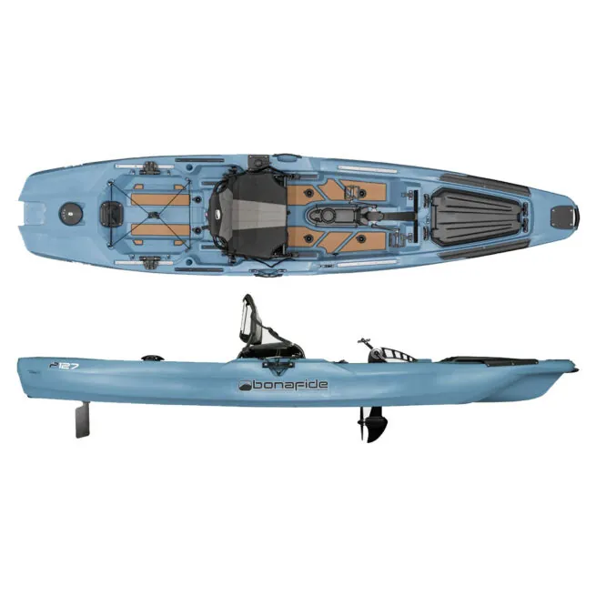 Bonafide P127 pedal drive fishing kayak in steel blue color in split view. Available at Riverbound Sports in Tempe, Arizona.