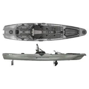 Bonafide P127 pedal drive fishing kayak in top gun grey color in split view. Available at Riverbound Sports in Tempe, Arizona.