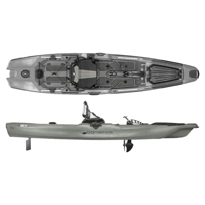 Bonafide P127 pedal drive fishing kayak in top gun grey color in split view. Available at Riverbound Sports in Tempe, Arizona.