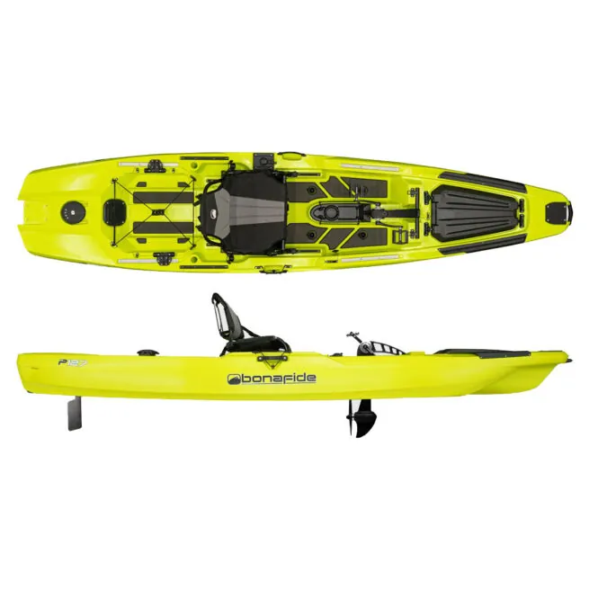 Bonafide P127 pedal drive fishing kayak in venom color in split view. Available at Riverbound Sports in Tempe, Arizona.