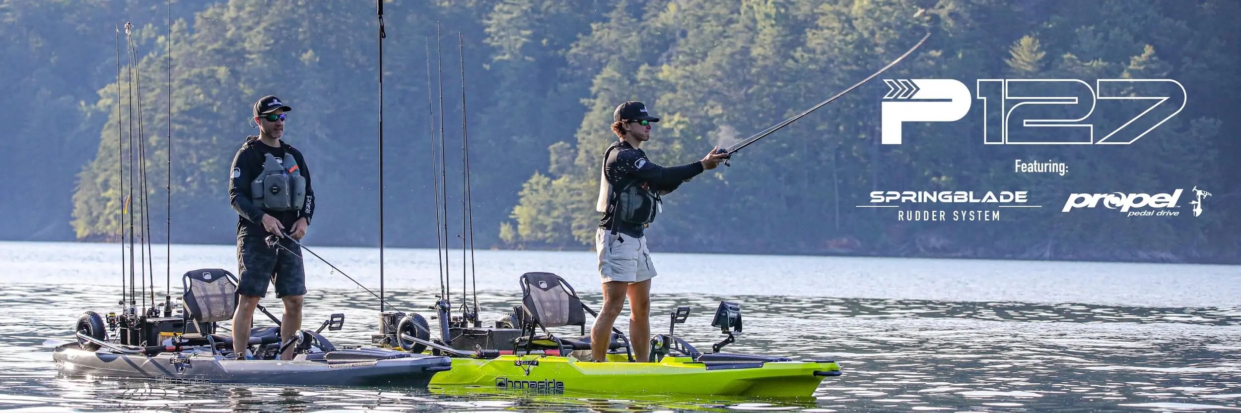 Two people are fishing from the Bonafide P127 fishing kayaks.