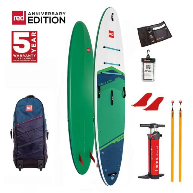 Red paddle board Voyager 12'6" x 32" Anniversary model with accessories and 5-year warranty. Available at Riverbound Sports in Tempe, Arizona.