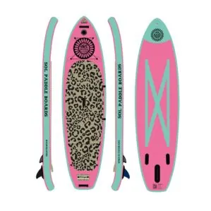 The SOLlynx pink SOL paddleboards, one with leopard print design. Available at Riverbound Sports.