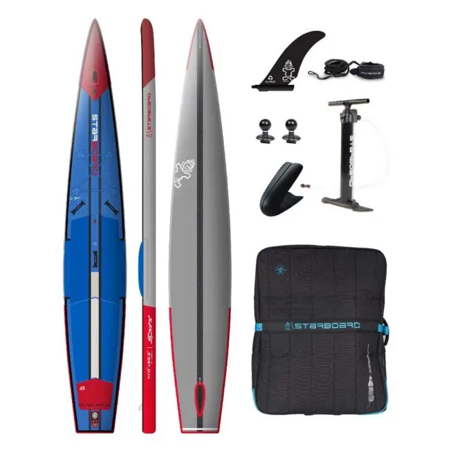 Starboard SUP Airline Sprint Inflatable 14'0" x 27" stand-up paddleboards and accessories displayed. Available at riverbound Sports in Tempe, Arizona.