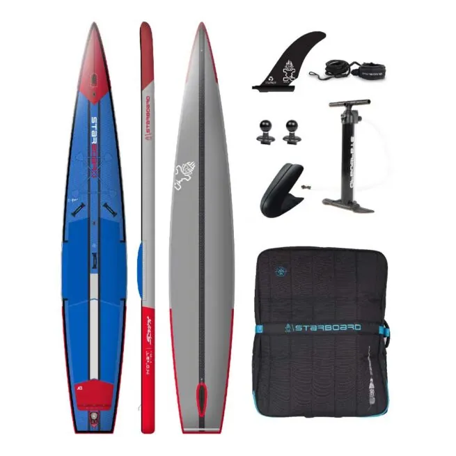 Starboard SUP Airline Sprint Inflatable 14'0" x 29" stand-up paddleboards and accessories displayed. Available at riverbound Sports in Tempe, Arizona.