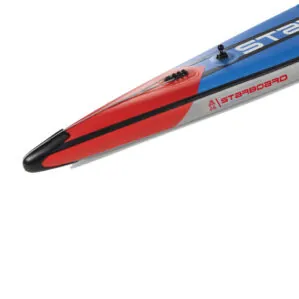 Starboard Sprint Inflatable red and blue racing kayak on white background.