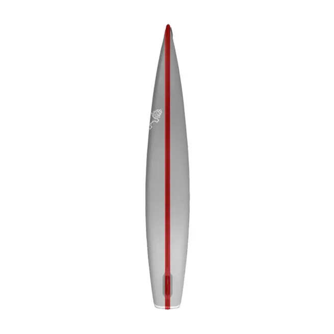 Top-down view of a gray and red Starboard Sprint Inflatable racing paddleboard.