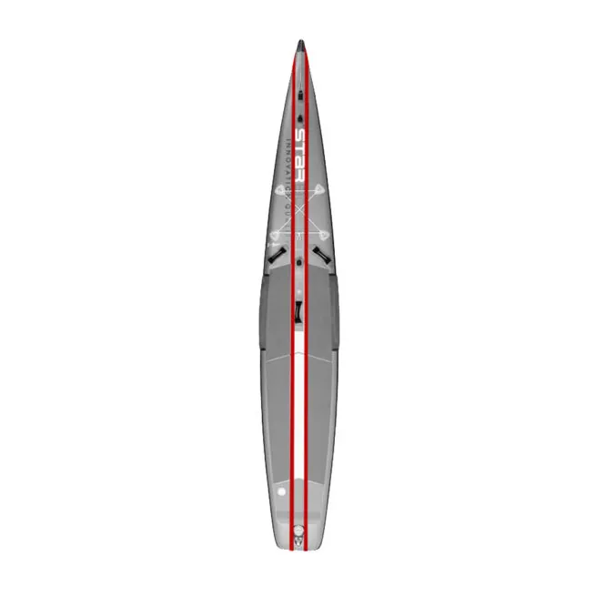 Top-down view of a gray and red Starboard Sprint Inflatable racing paddleboard.