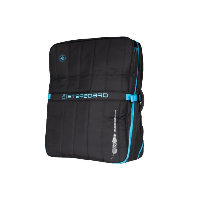 Black Starboard paddleboard bag with blue accents.