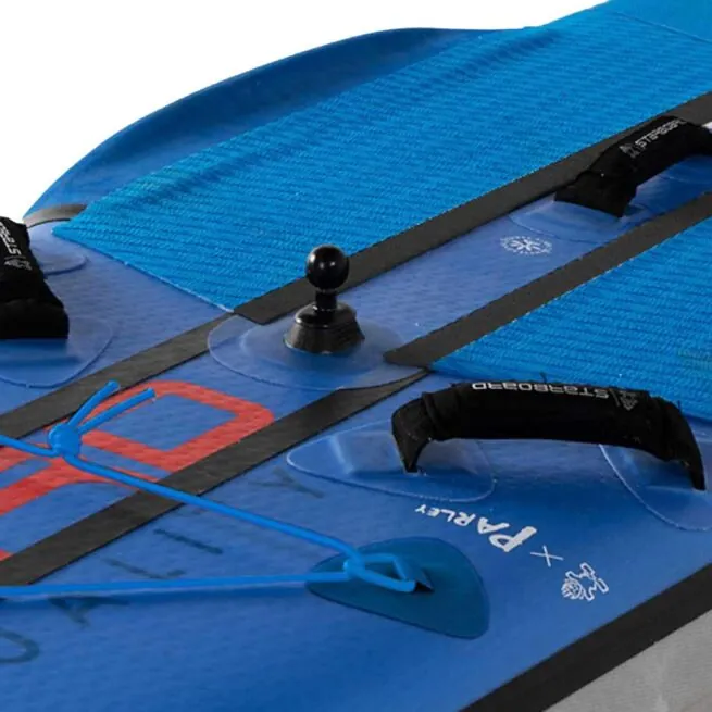 Starboard SUP Sprint close-up of blue stand-up paddleboard deck details.