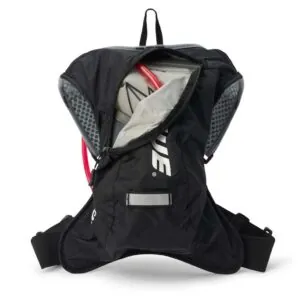 Black USWE Vertical 4L hydration backpack isolated on white background. Available at Riverbound Sports in Tempe, Arizona.