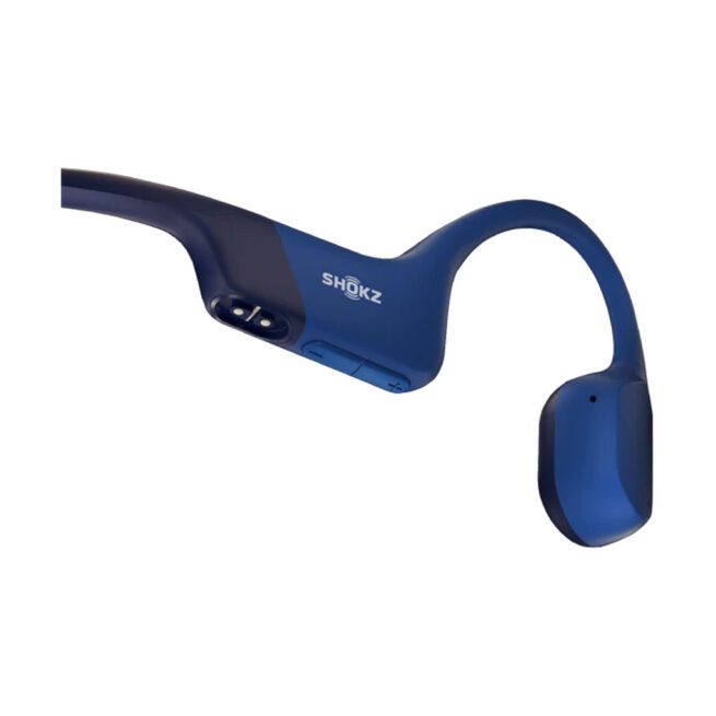 Shokz OpenRUN Blue bone-conduction headphones. Available at Riverbound Sports.