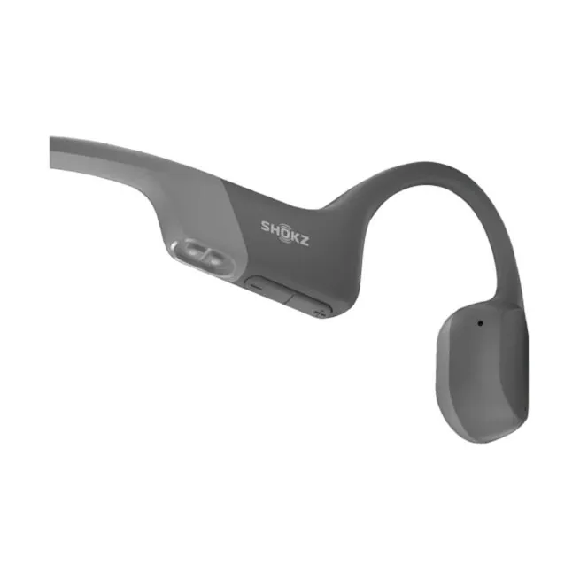 Shokz OpenRUN Grey bone-conduction headphones. Available at Riverbound Sports.