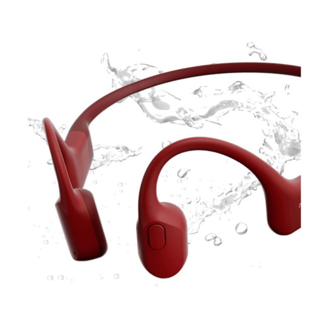 Shokz OpenRUN Red bone-conduction headphones. Available at Riverbound Sports.