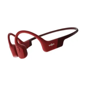 Shokz OpenRUN Red bone-conduction headphones. Available at Riverbound Sports.