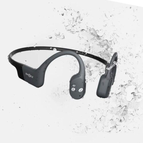 Water-resistant black bone-conduction headphones with water splashes