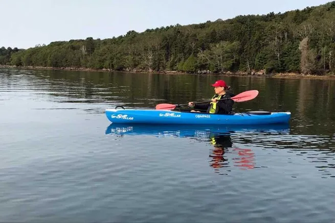 Person kayaking on calm lake with forest backdrop