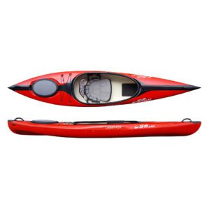 Stellar Compass 11 red with black strip kayak split image. Available at Riverbound Sports in Tempe, Arizona.