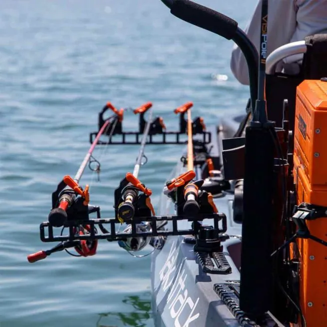 YakAttack SideStage Rod Rack mounted on fishing kayak. Available at Riverbound Sports in Tempe, Arizona.