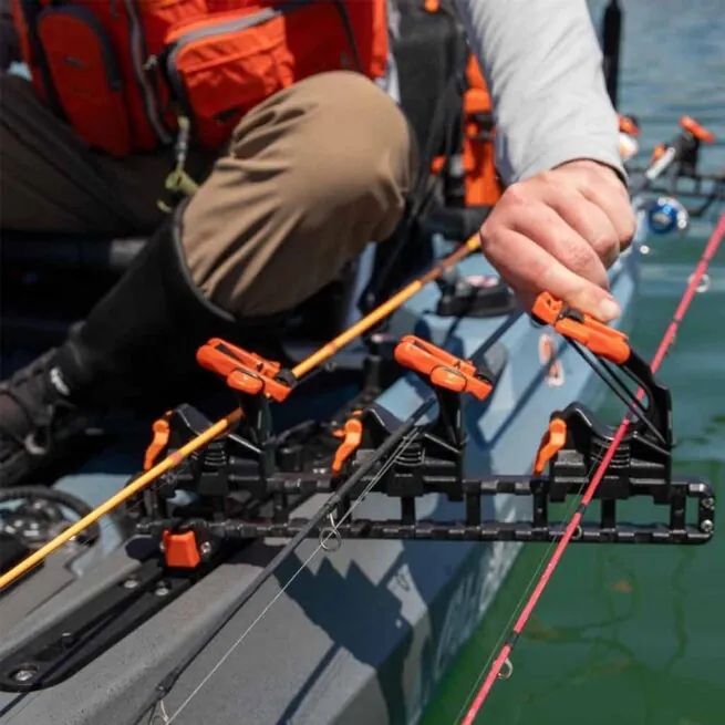 YakAttack SideStage Rod Rack mounted on fishing kayak. Available at Riverbound Sports in Tempe, Arizona.