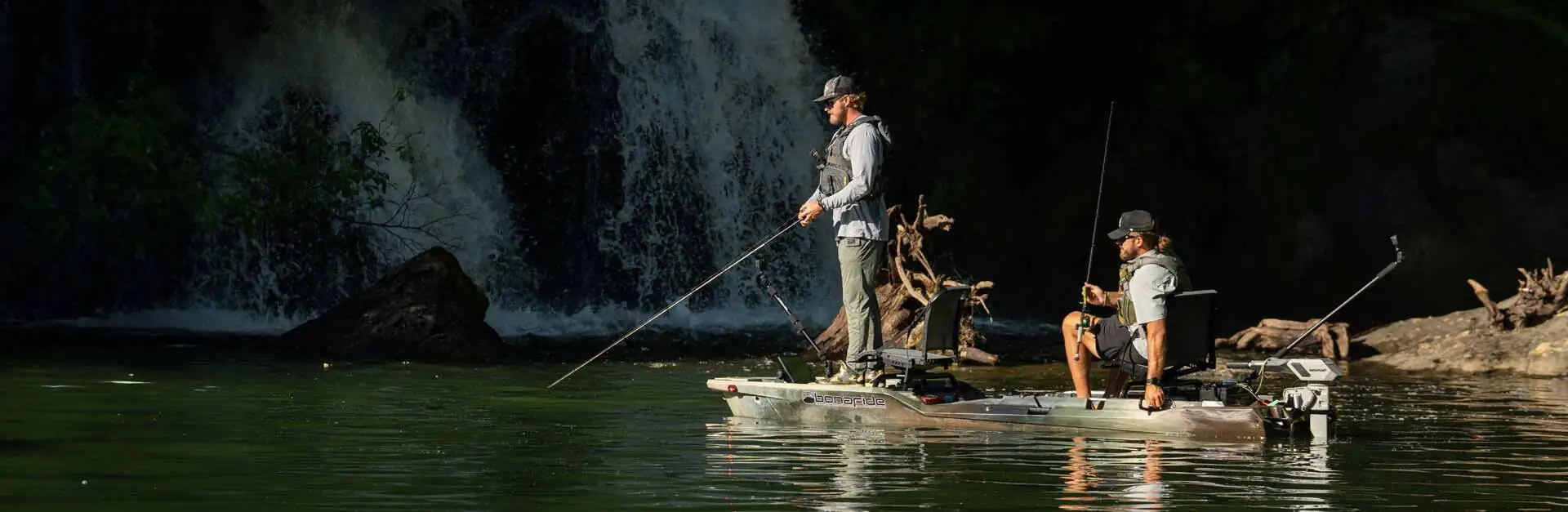 Two fishermen on the Bonafide XTR130 fishing kayak. Available at Riverbound Sports in Tempe, Arizona.