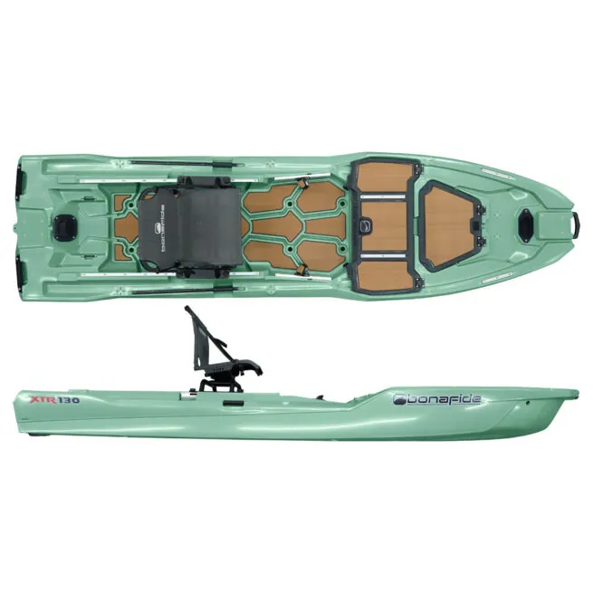 Top and side view of the Bonafide XTR130 fishing kayak in andros green color. Available at Riverbound Sports in Tempe, Arizona.