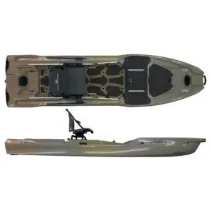 Top and side view of the Bonafide XTR130 fishing kayak in camo color. Available at Riverbound Sports in Tempe, Arizona.