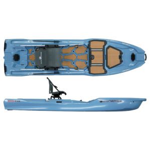 Top and side view of the Bonafide XTR130 fishing kayak in steel color. Available at Riverbound Sports in Tempe, Arizona.